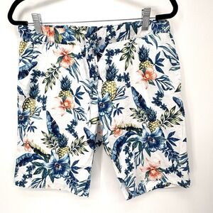 Caribbean Joe Tropical Floral Print Shorts Womens Large Blue Yellow Pineapple